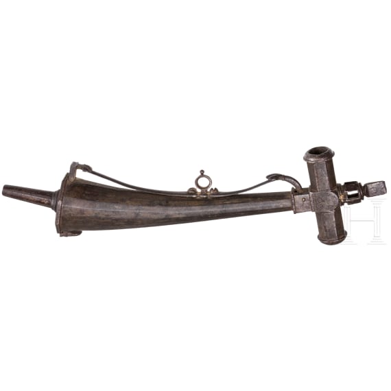 A German iron priming powder flask with wheellock wrench, circa 1600