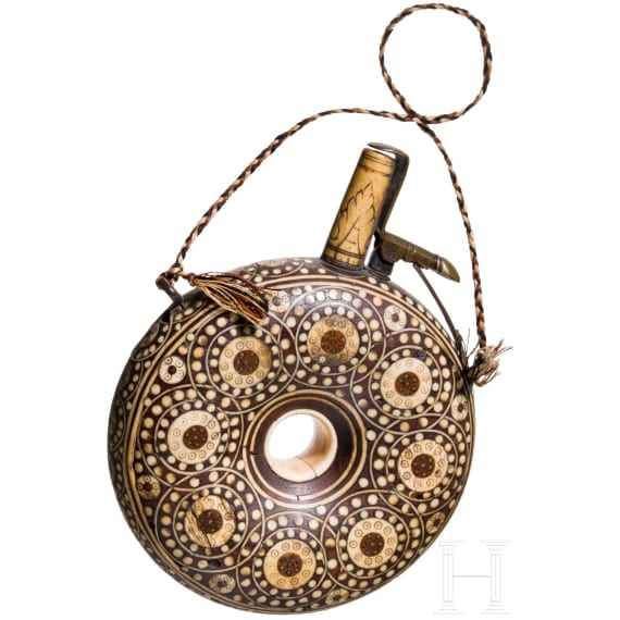 A ring-shaped powder flask with bone inserts, Bohemian/Silesian, mid-17th century
