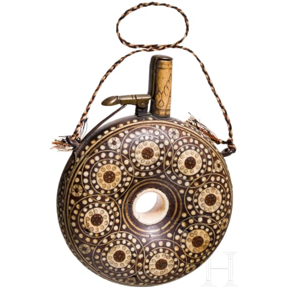 A ring-shaped powder flask with bone inserts, Bohemian/Silesian, mid-17th century