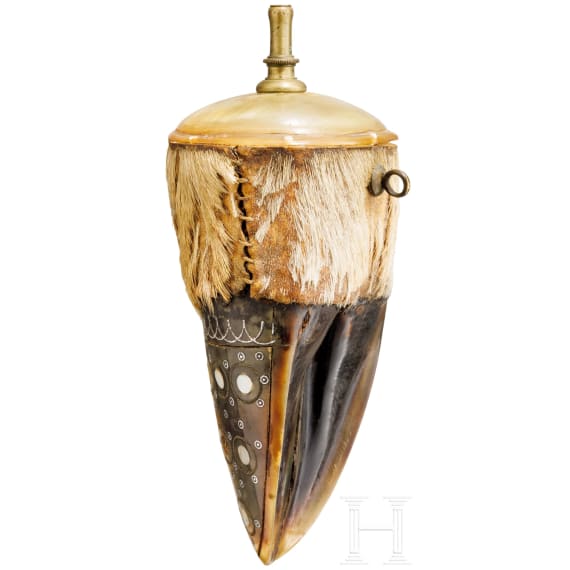 A Bohemian silver inlaid horn powder flask, ca. 1700
