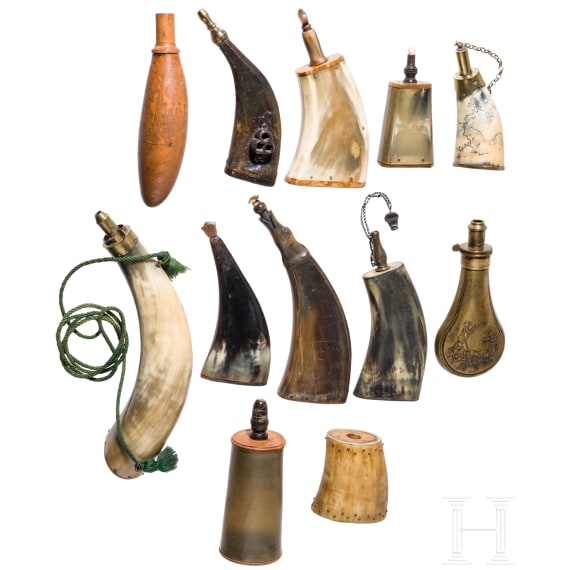 A set of twelve powder flasks, 18th/19th century.