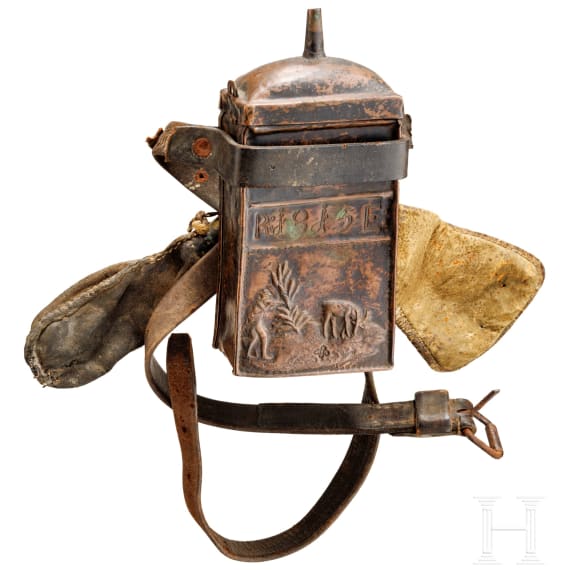 A German hunting belt with powder flask and shot pouch, dated 1815