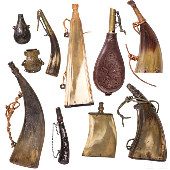 Set of seven powder flasks with accessories, 19th century