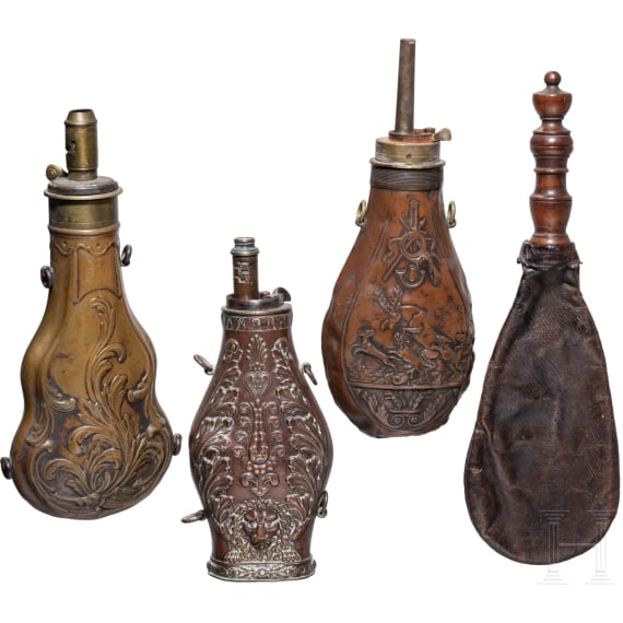 Three German/English copper powder flasks and a shot pouch, 19th century