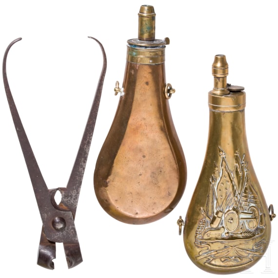 A pair of ball pliers and two powder bottles, German/Great Britain, 19th century