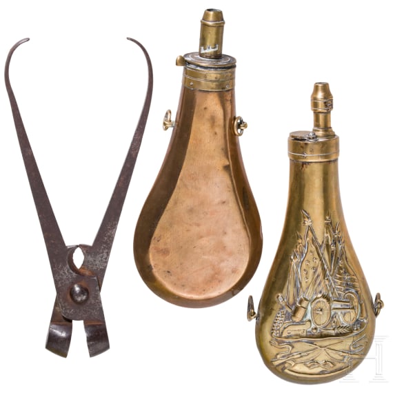 A pair of ball pliers and two powder bottles, German/Great Britain, 19th century