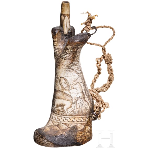 An Italian bone powder flask in Renaissance style, mid 19th century