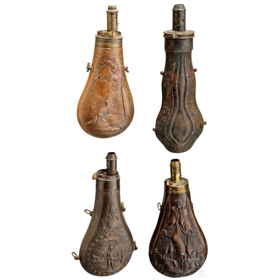 Four German and English powder flasks, 19th century