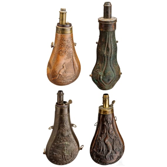 Four German and English powder flasks, 19th century