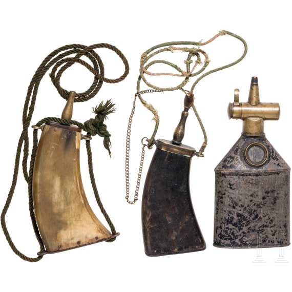 Three German powder flasks, 19th century