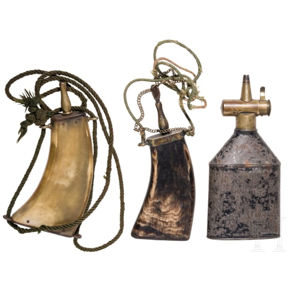 Three German powder flasks, 19th century
