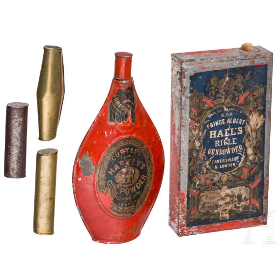 Two big English powder bottles and three shot container, circa 1900