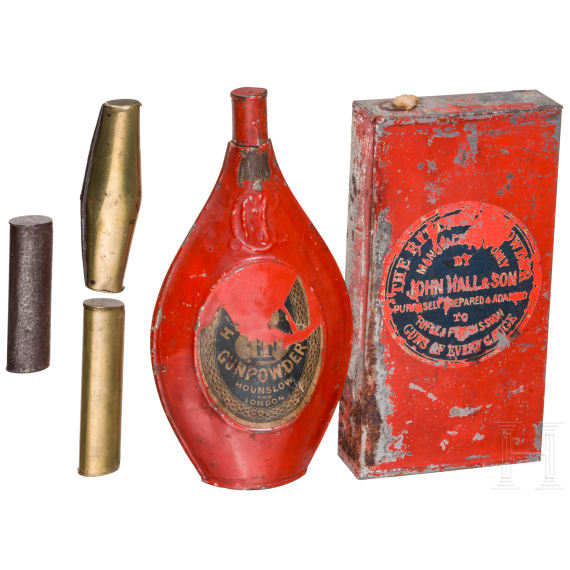 Two big English powder bottles and three shot container, circa 1900