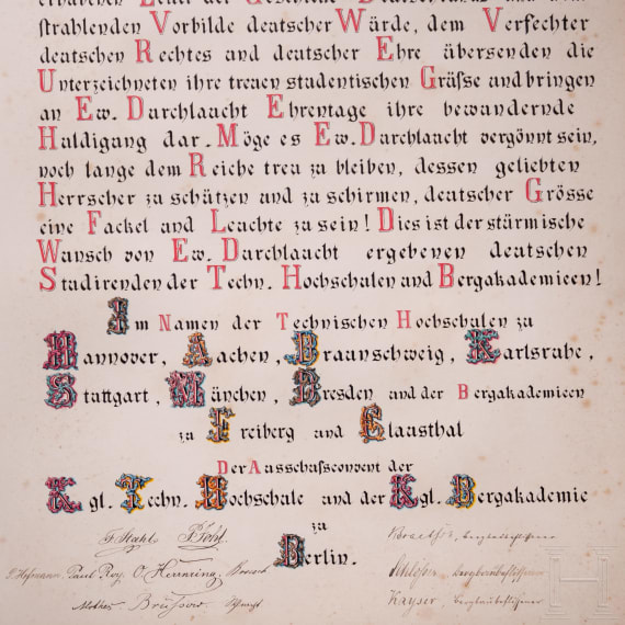 Otto F&uuml;rst von Bismarck (1815 - 1898) - a message of congratulations of the Kgl. Technischen Hochschulen and Kgl. Bergakademien on occasion of his 70th birthday in 1885