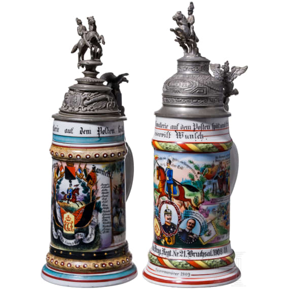 Two dragoon reservist mugs, W&uuml;rttemberg, Baden, 1896 - 1911