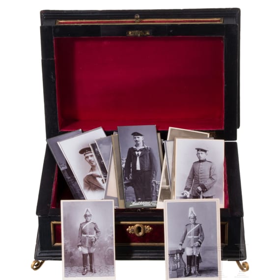 A patriotic door handle and a box with photos