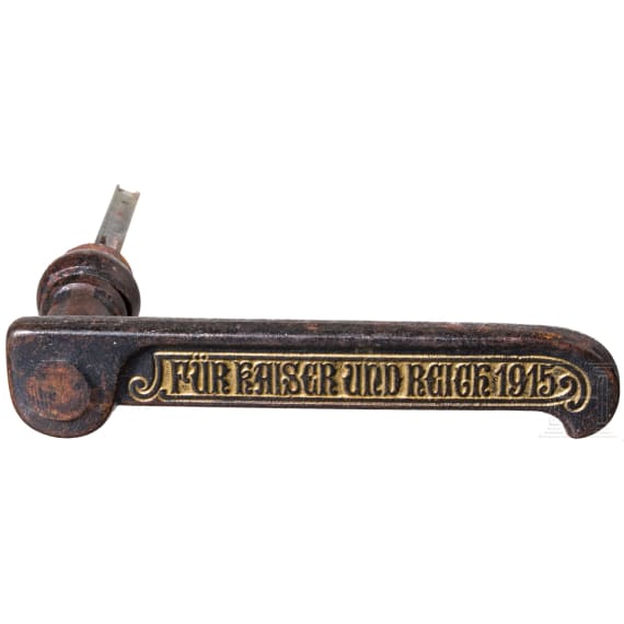 A patriotic door handle and a box with photos