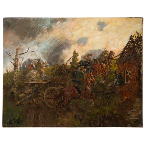 Theodor Rocholl (1854 - 1933), Artillery on horseback in battle, dated 1925