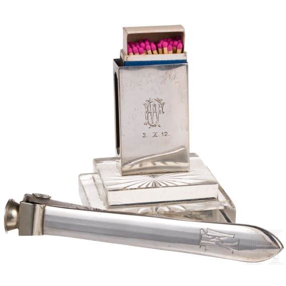 Captain Walter Forstmann - A silver matchbox holder and cigar cutter