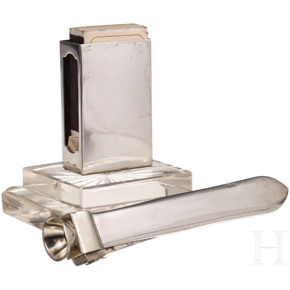 Captain Walter Forstmann - A silver matchbox holder and cigar cutter