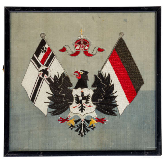 A warrior association flag and a silk embroidery, first half of the 20th century