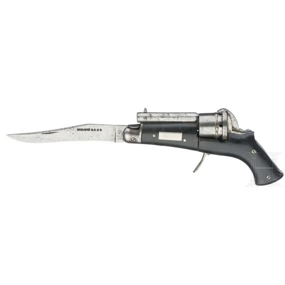 Stiftfeuerrevolver mit integriertem Klappmesser, um 1870