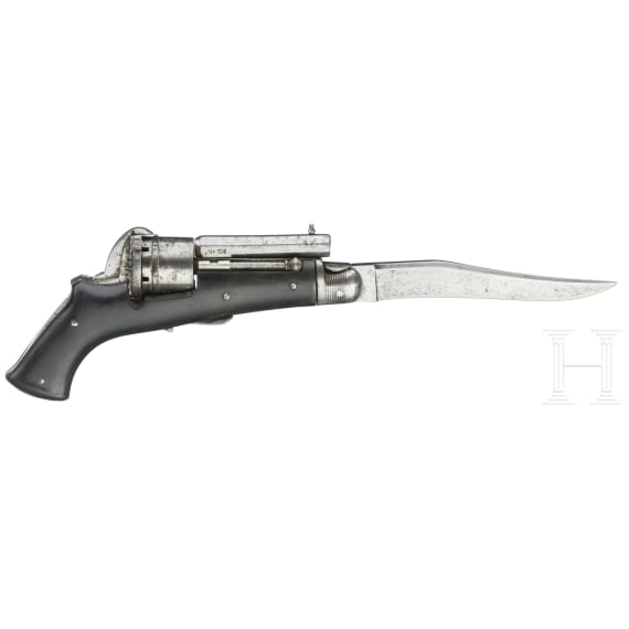 Stiftfeuerrevolver mit integriertem Klappmesser, um 1870