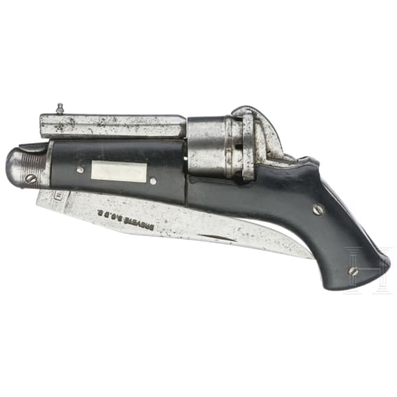 Stiftfeuerrevolver mit integriertem Klappmesser, um 1870