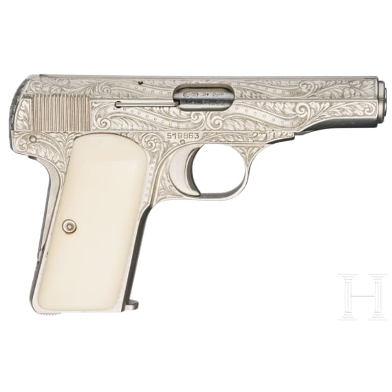 An FN Mod. 1910, factory engraved, nickel-plated, in leather case