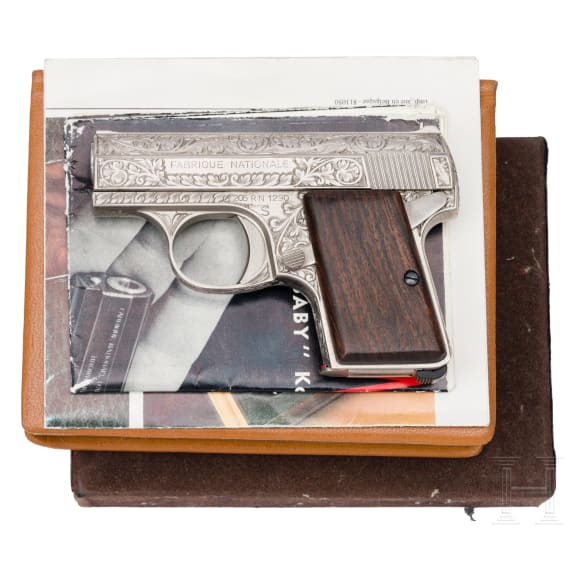 An FN Mod. Baby with "Renaissance" factory engraving, nickel, in leather case, 379 of 1000