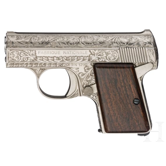 An FN Mod. Baby with "Renaissance" factory engraving, nickel, in leather case, 379 of 1000
