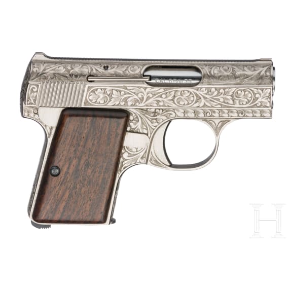 An FN Mod. Baby with "Renaissance" factory engraving, nickel, in leather case, 379 of 1000