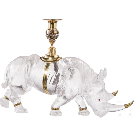 A large silver-mounted rhinoceros candlestick in rock crystal (table decoration)