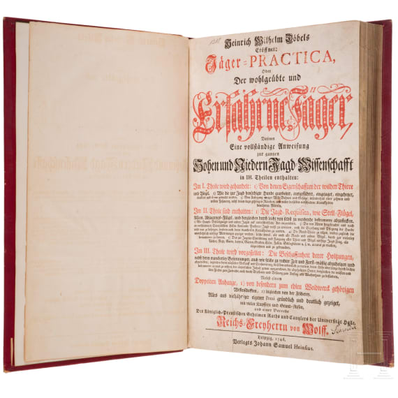 Erstausgabe von &bdquo;Er&ouml;ffnete J&auml;ger-Practica, oder der wohlge&uuml;bte und erfahrne J&auml;ger", Heinrich Wilhelm D&ouml;bel, Leipzig, Johann Samuel Heinsius, 1746