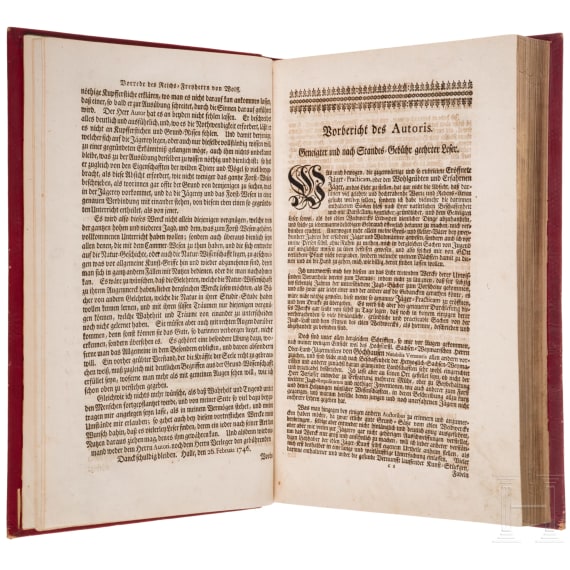 Erstausgabe von &bdquo;Er&ouml;ffnete J&auml;ger-Practica, oder der wohlge&uuml;bte und erfahrne J&auml;ger", Heinrich Wilhelm D&ouml;bel, Leipzig, Johann Samuel Heinsius, 1746