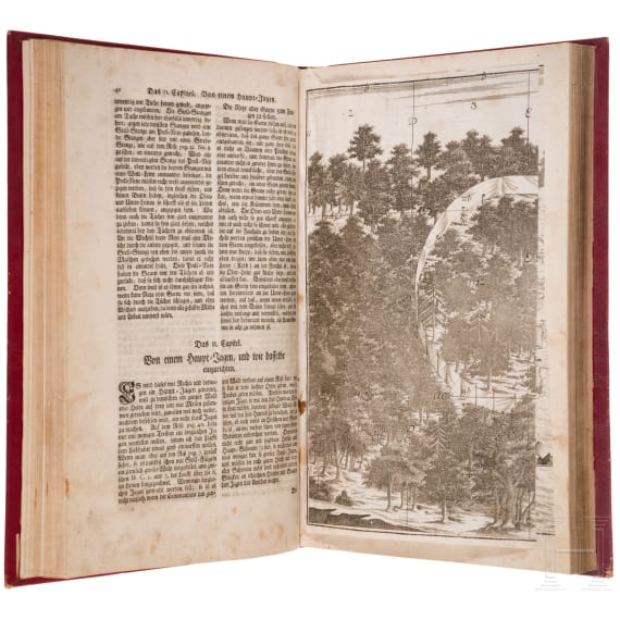 Erstausgabe von &bdquo;Er&ouml;ffnete J&auml;ger-Practica, oder der wohlge&uuml;bte und erfahrne J&auml;ger", Heinrich Wilhelm D&ouml;bel, Leipzig, Johann Samuel Heinsius, 1746