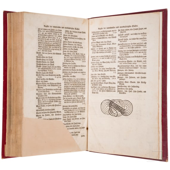 Erstausgabe von &bdquo;Er&ouml;ffnete J&auml;ger-Practica, oder der wohlge&uuml;bte und erfahrne J&auml;ger", Heinrich Wilhelm D&ouml;bel, Leipzig, Johann Samuel Heinsius, 1746