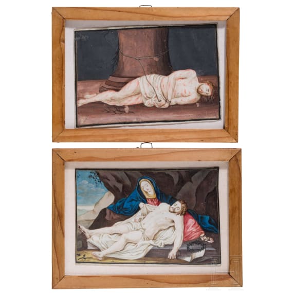 Zwei kleinformatige Andachtsbilder (Passionsdarstellungen) auf Papier, Anonym, wohl um 1720