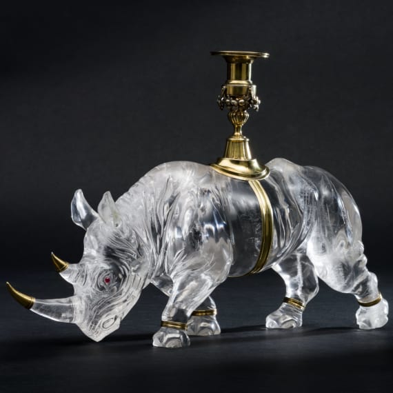 Gro&szlig;es Bergkristall-Nashorn (Tischdekoration mit Leuchter)