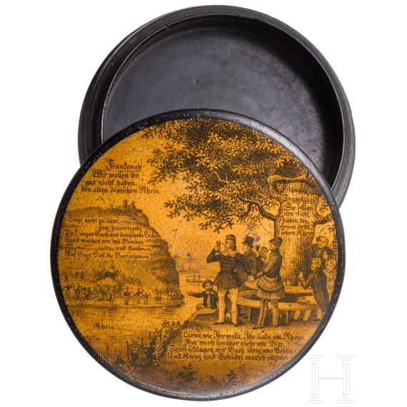Patriotische Lackdose auf die Rheinkrise zwischen Deutschland und Frankreich, um 1840/50