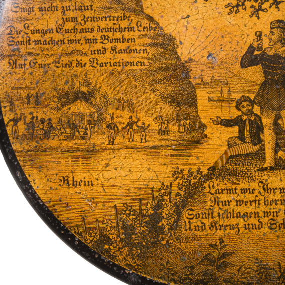 Patriotische Lackdose auf die Rheinkrise zwischen Deutschland und Frankreich, um 1840/50