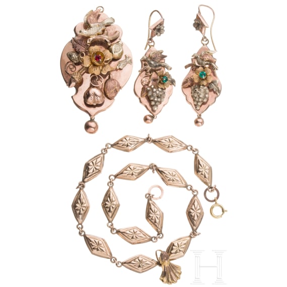 Kette mit abnehmbarem Anh&auml;nger und passendes Paar Ohrh&auml;nger, um 1860