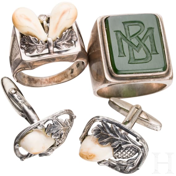 A pair silver and grandel (teeth) cufflinks, a silver and grandel ring and a silver and nephrite ring with monogram
