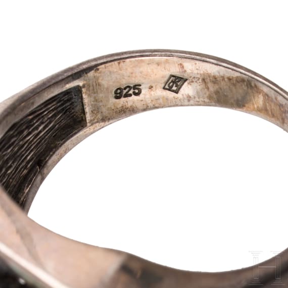 A pair silver and grandel (teeth) cufflinks, a silver and grandel ring and a silver and nephrite ring with monogram
