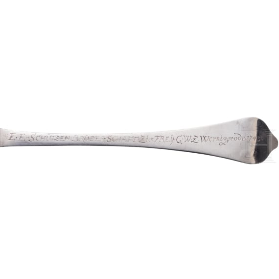 A large German silver serving spoon as shooting trophy, Halberstadt, 1711