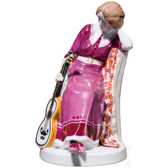 Seltene Jugendstil-Figur "M&auml;dchen mit Gitarre", Alfred K&ouml;nig, 1913/14 (Entwurf), Meissen, 1910-23