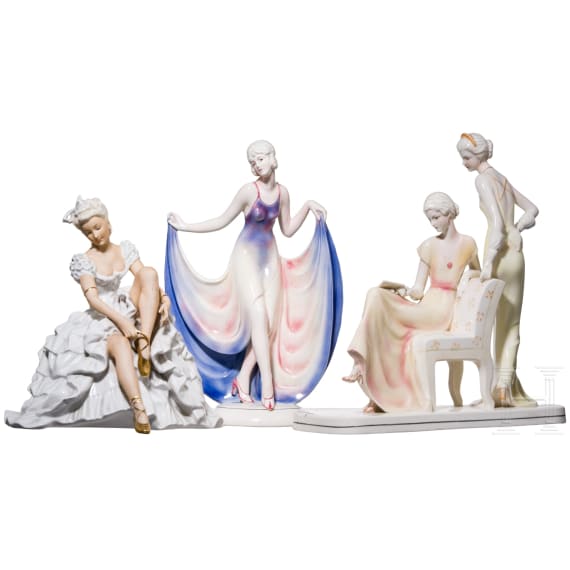 Art Deco T&auml;nzerin und zwei Art Deco Damen, Hertwig & Co. Katzh&uuml;tte, 1920er Jahre / Ballettt&auml;nzerin, Schaubach-Kunst, Unterwei&szlig;bach, 1950-60er Jahre,