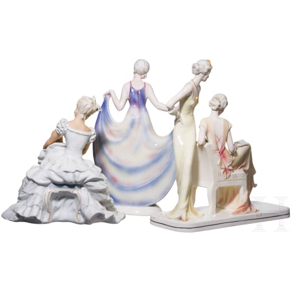 Art Deco T&auml;nzerin und zwei Art Deco Damen, Hertwig & Co. Katzh&uuml;tte, 1920er Jahre / Ballettt&auml;nzerin, Schaubach-Kunst, Unterwei&szlig;bach, 1950-60er Jahre,