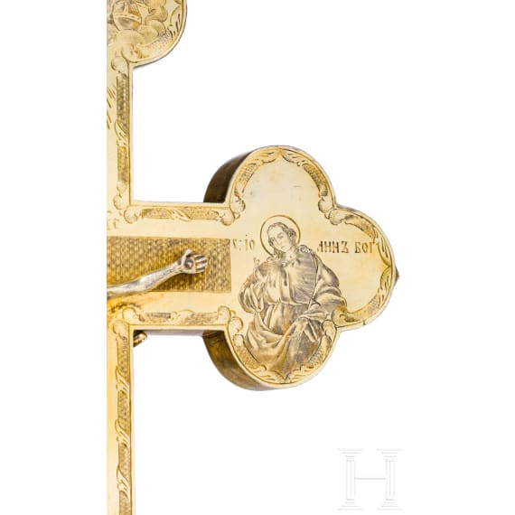 Sehr fein graviertes Vermeil-Kruzifix (Prozessionskreuz), Russland, St. Petersburg, Dmitrij Andrejew, 1848