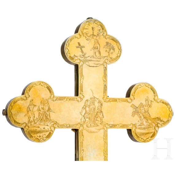 Sehr fein graviertes Vermeil-Kruzifix (Prozessionskreuz), Russland, St. Petersburg, Dmitrij Andrejew, 1848
